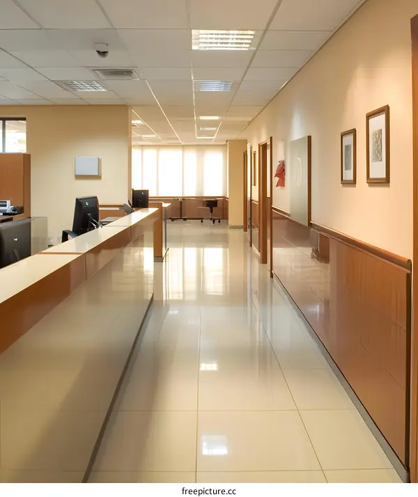 Office Hallway with Light Brown Wall and Light Tiled Floor