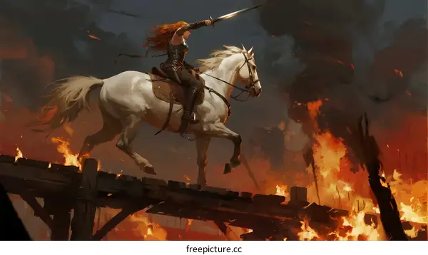 Warrior woman on white horse charging through burning wooden bridge