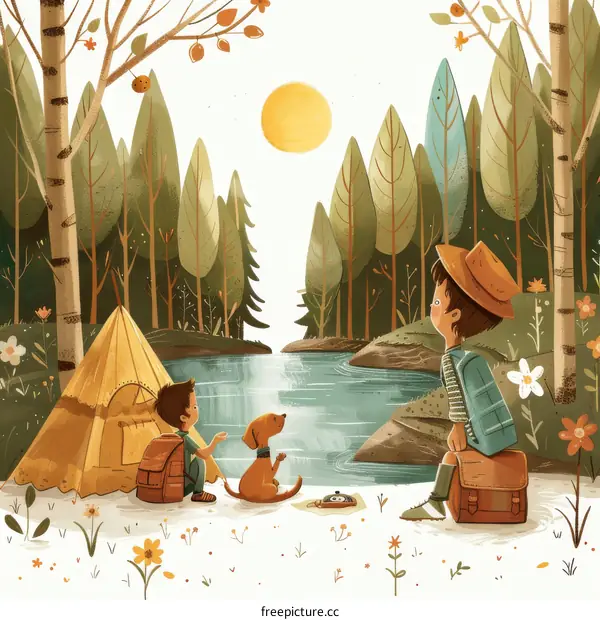 Two boys and a dog are camping in the forest