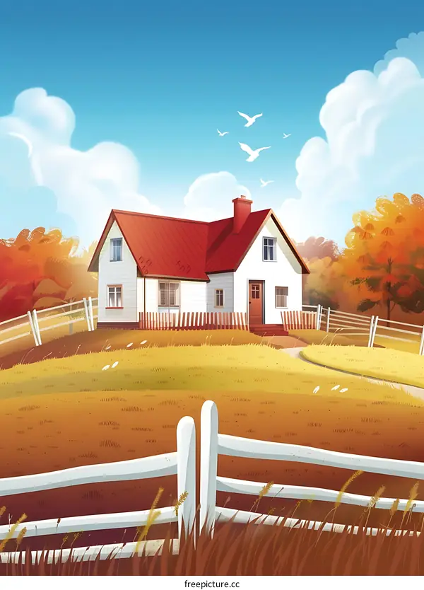 House in the Countryside with Red Roof and White Fence