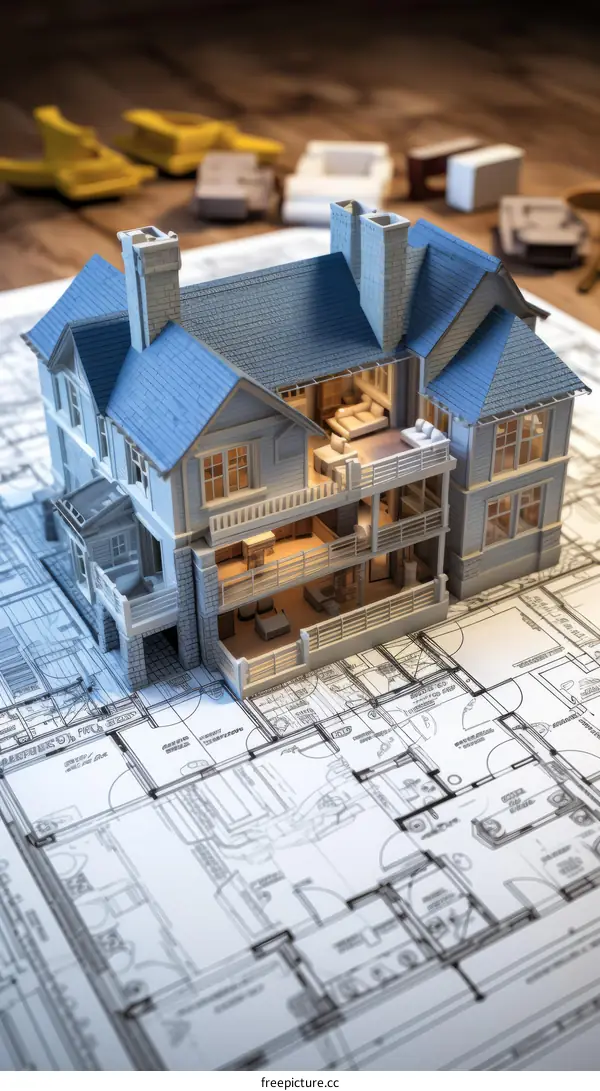 3D model of a house on top of blueprints