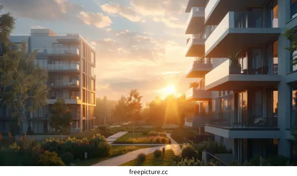 Modern apartment buildings at sunset