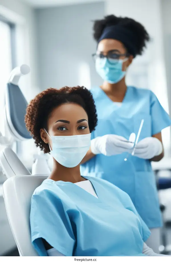 Black female patient sitting in dentist chair with dentist standing behind her holding dental tools