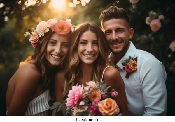 Three people posing for a photo at a wedding.