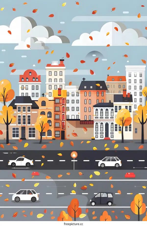 Autumn Cityscape with Falling Leaves