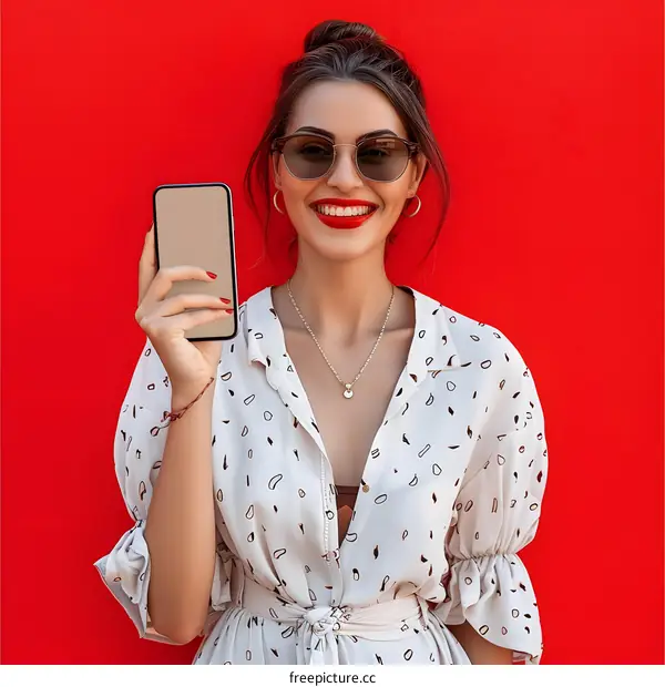 Woman with Red Lipstick Holding a Smartphone in Front of Red Background