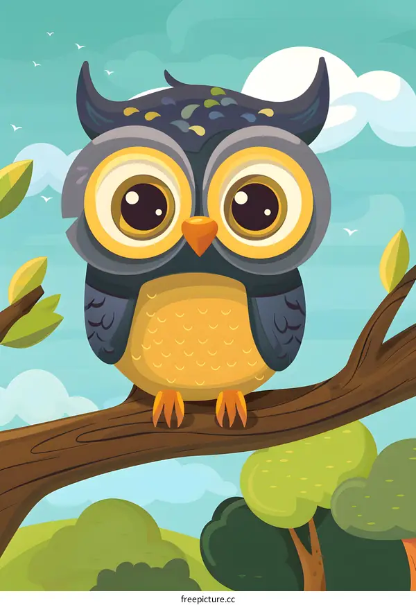 Cute Cartoon Owl Sitting on a Branch