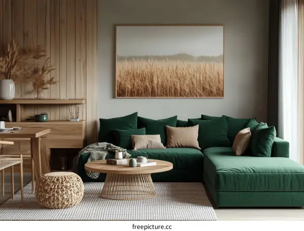 Modern Living Room with Green Sofa and Wooden Furniture