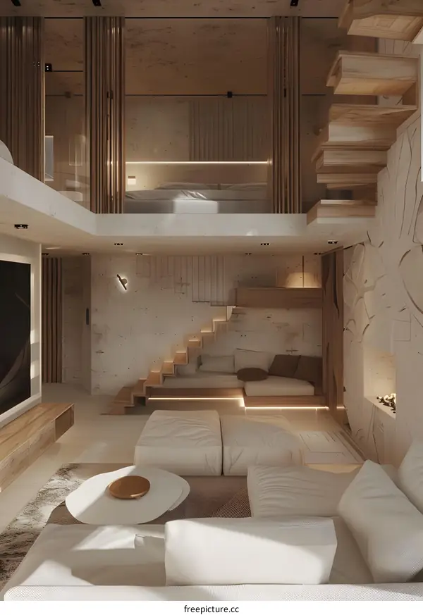 Modern Minimalist Loft Apartment Design With Wooden Stairs