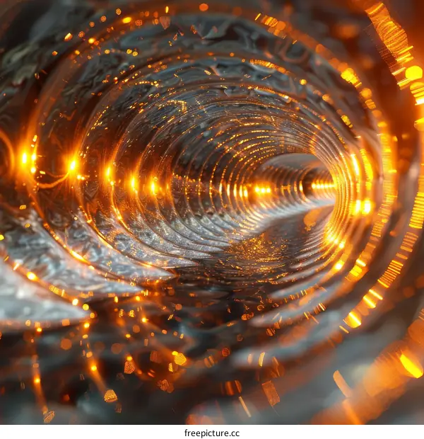 Orange and Yellow Lights Reflected in a Curved Metallic Tunnel