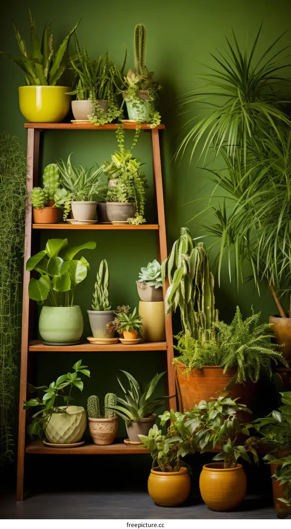 Potted Plants on a Wooden Shelf Against a Green Wall