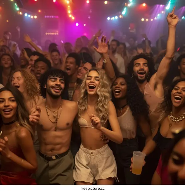 A group of diverse people dancing and enjoying themselves at a party