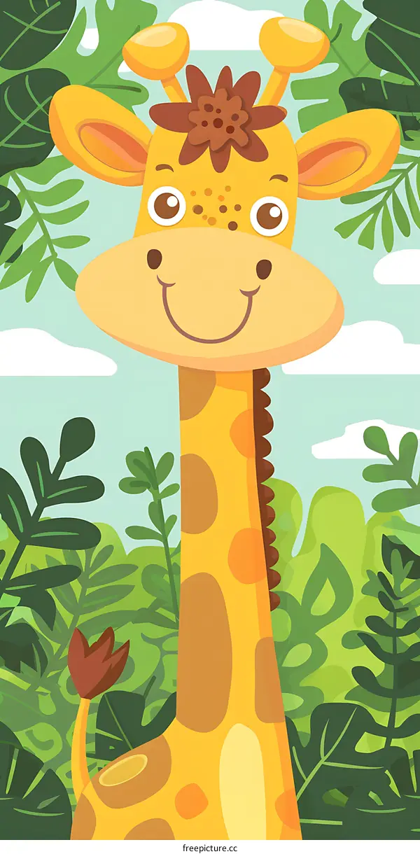 Cute Giraffe Illustration with Green Leaves Background