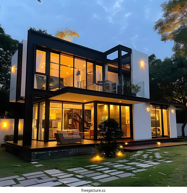 Modern House with Large Windows and a Stone Pathway