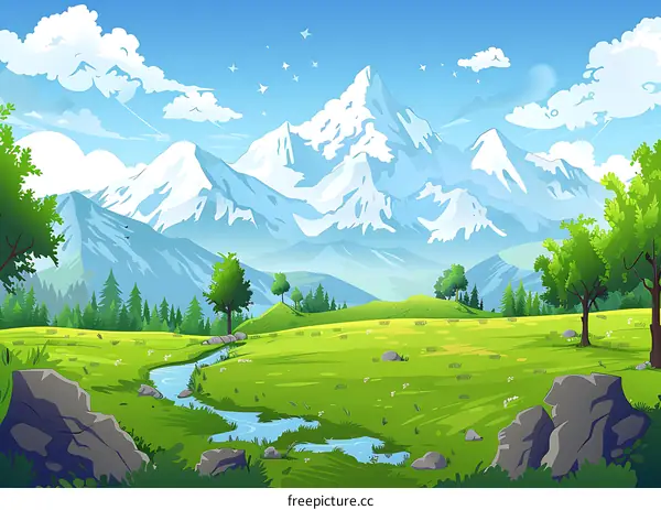 Beautiful Landscape of Green Meadow with Mountains in the Background