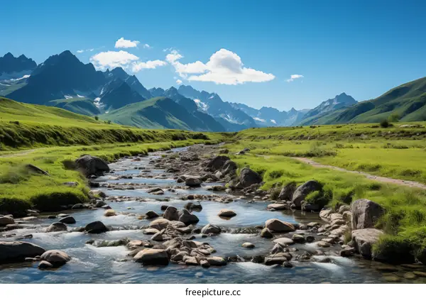 Scenic mountain river landscape with green fields under blue sky