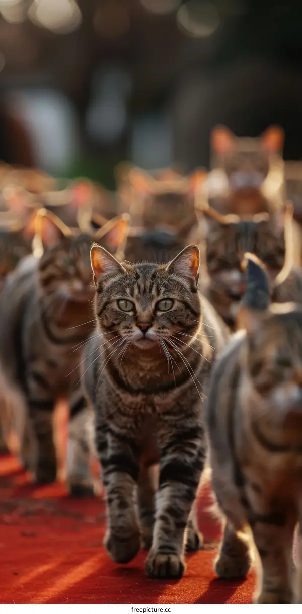 Row of Cats Walking Down a Red Carpet