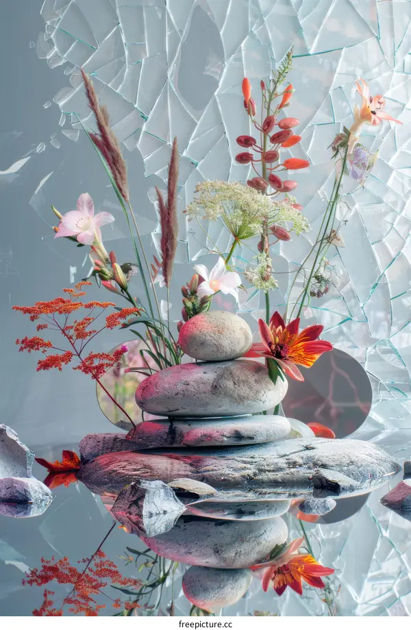 Still life of colorful flowers and rocks
