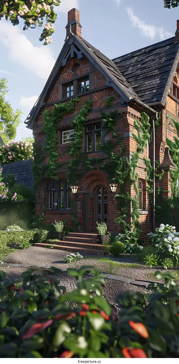 Brick House with Ivy Covered Walls in Front Yard