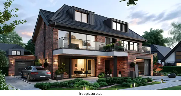 A modern two-story house with a black roof and a garage