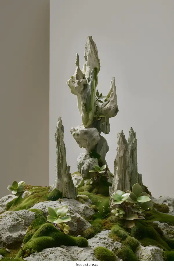 Abstract Stone and Moss Sculpture