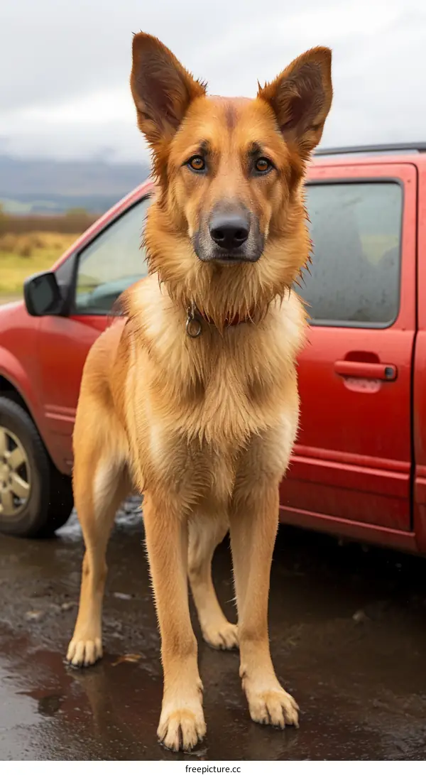 Wet German Shepherd Dog standing in front of a red car