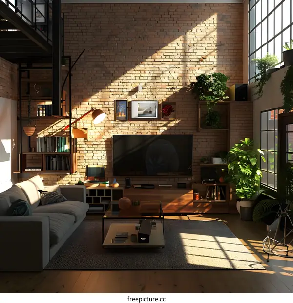 Modern Living Room Interior Design with Brick Wall and Large Window