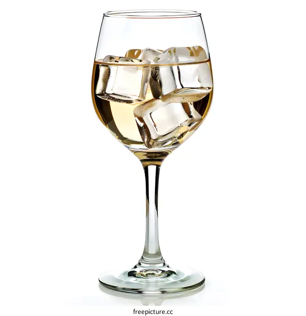 Glass of White Wine with Ice Cubes on White Background