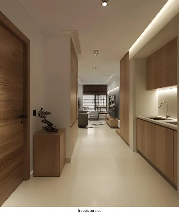Modern Interior Design Hallway With Wooden Cabinets And Floor