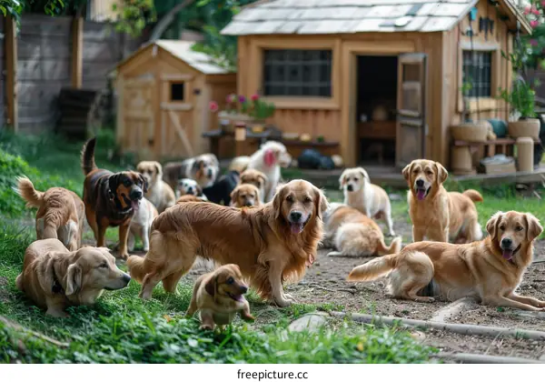 A group of dogs playing in a yard