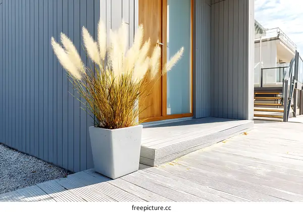 Modern House Entrance with Decorative Grass