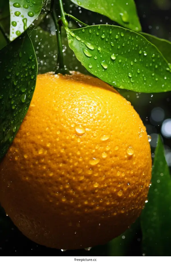 Close-up photo of an orange hanging from a tree branch with water drops on it