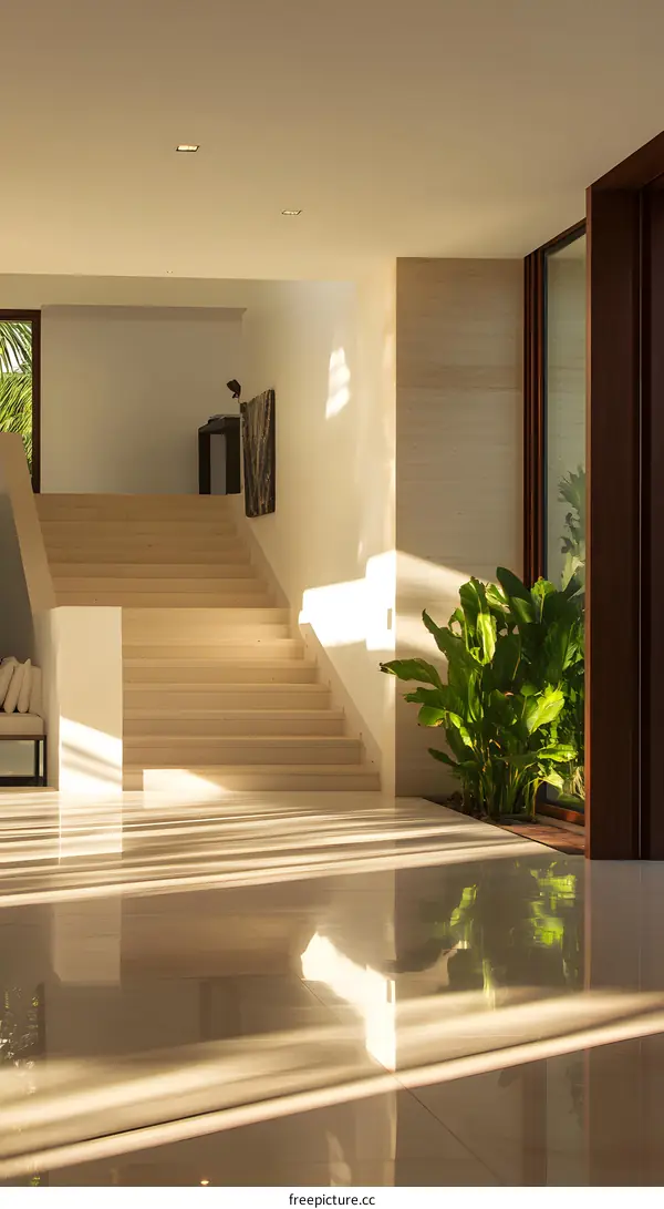 Modern House Interior With Stairs And Sunbeams