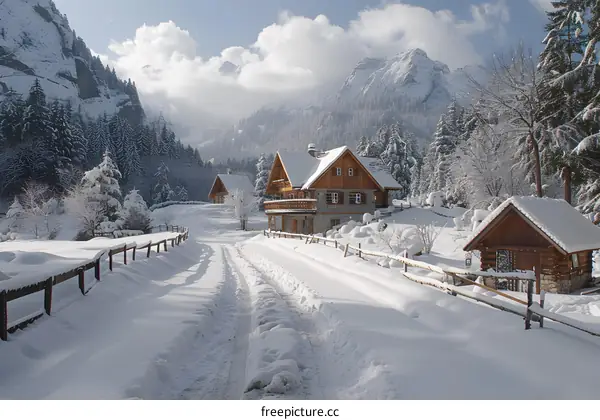 Snowy Mountain Village Landscape With Wooden Houses