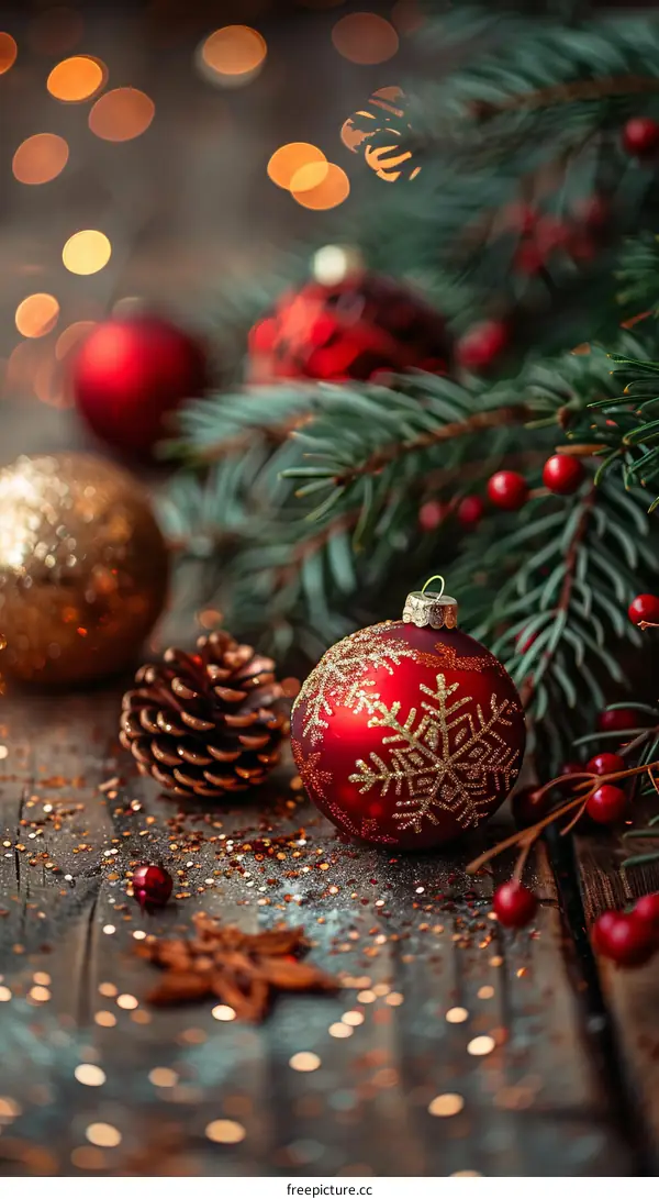 Festive Christmas Background with Fir Branches, Red and Gold Ornaments, and Snowflakes