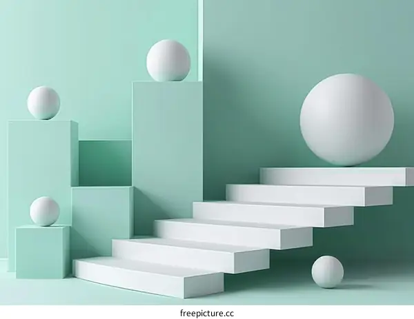 3D Rendering of Staircase with White Spheres on Green