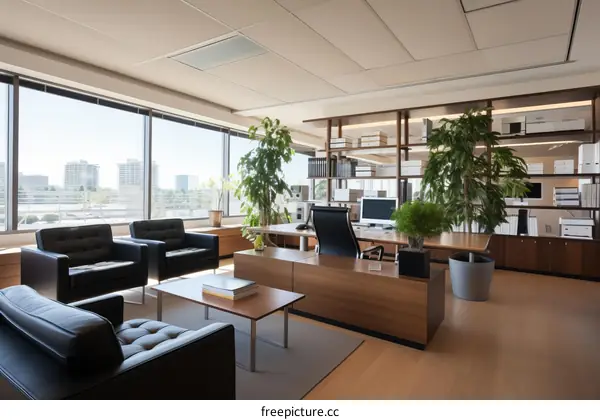A modern office with a large desk, a comfortable seating area, and a beautiful view of the city