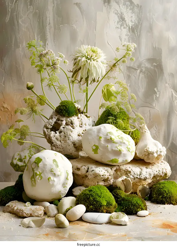 White Flowers and Rocks with Moss