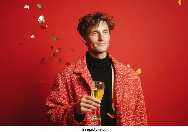 Stylish Man Celebrating with Champagne in Red Outfit
