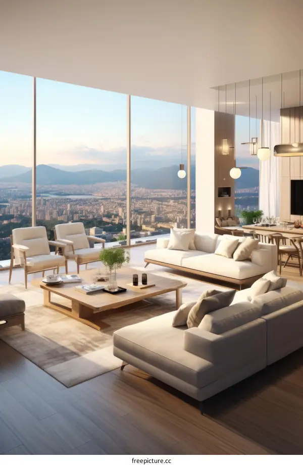 Modern luxury living room interior design with city view