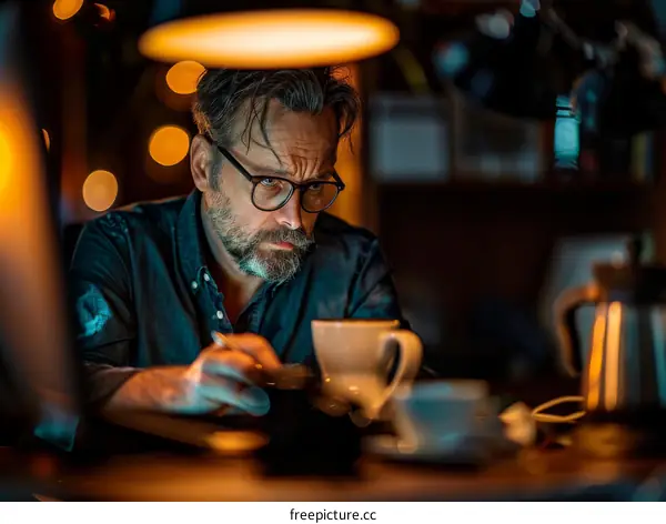 A man is working on his computer in a dimly lit room.