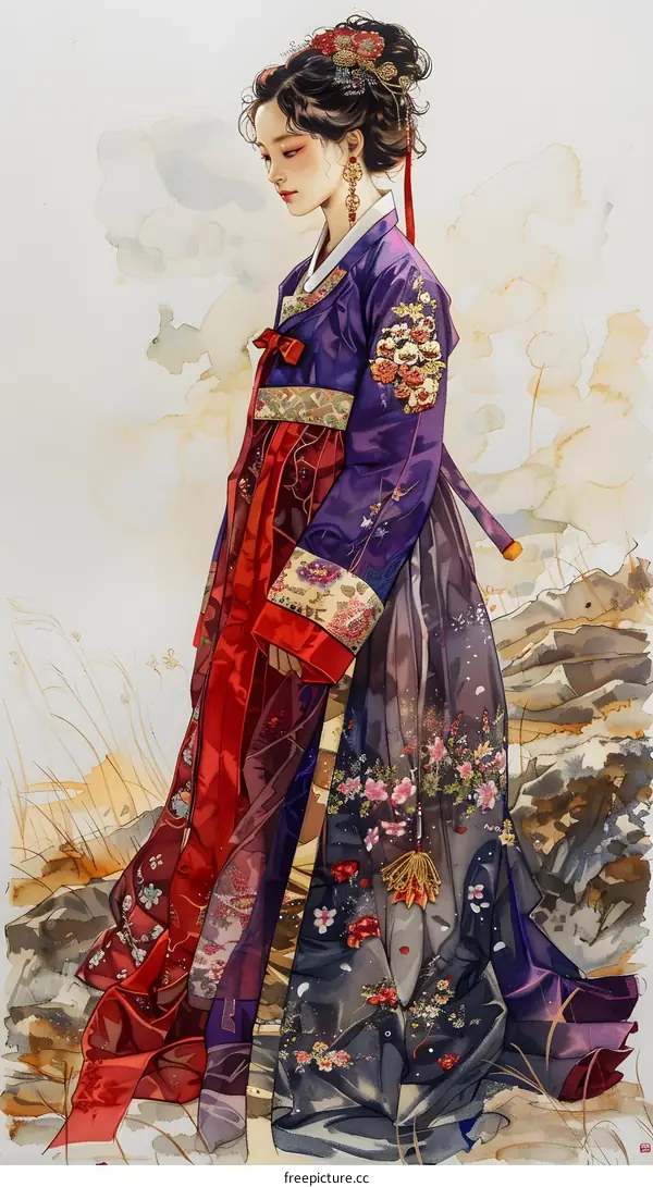 A Korean woman wearing a hanbok is standing in a field of flowers.