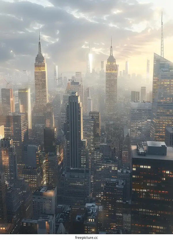 A bustling metropolis with skyscrapers reaching towards the sky
