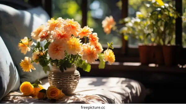 Still life with flowers in vase by the window