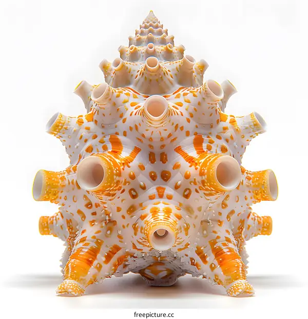 A 3D rendering of a seashell with a spiral pattern and orange and white colors