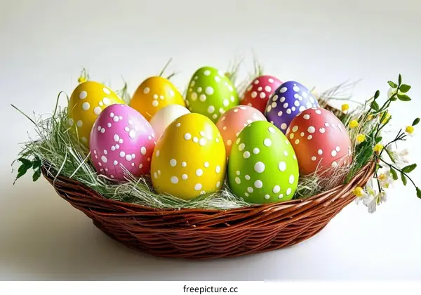 Colorful Easter Eggs in a Wicker Basket