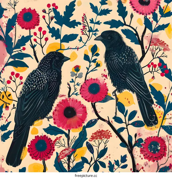 Black Birds and Flowers Illustration