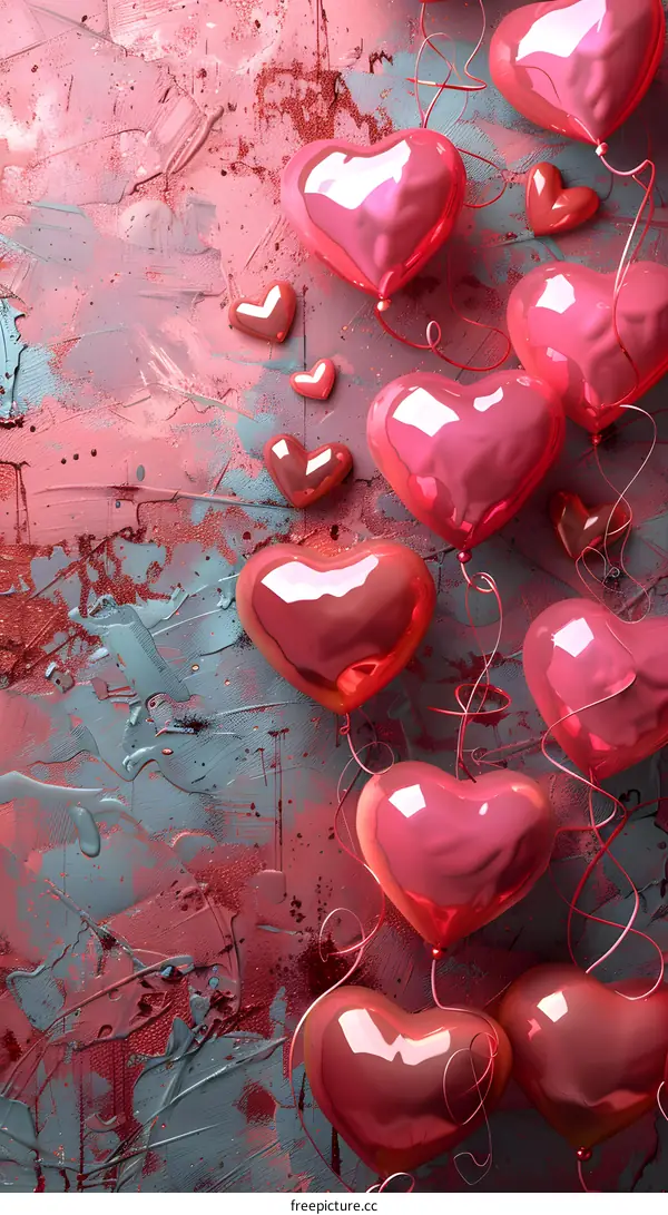 Pink heart-shaped balloons float against a textured pink background.