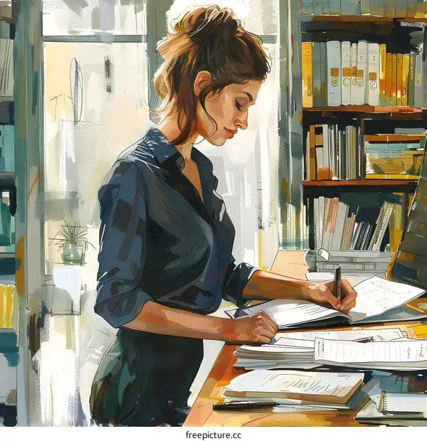 business woman working hard in office writing on paper