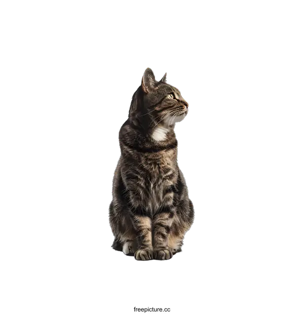 [Transparent Background PNG]Tabby Cat Sitting on White Background Looking to the Side